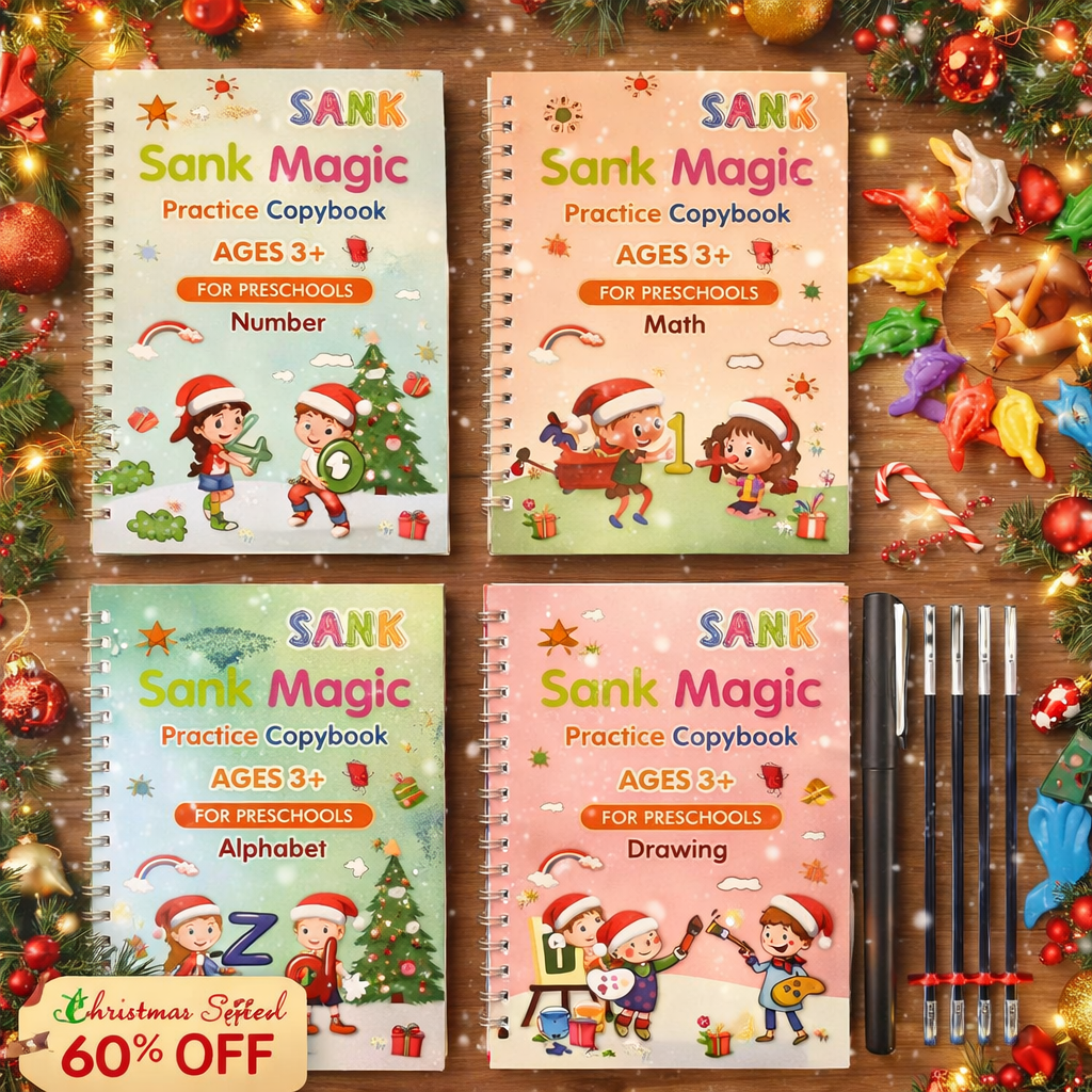 Magic Reusable Kids Copybook Set – 4 Books + Free Pen, Grip & 10 Refills