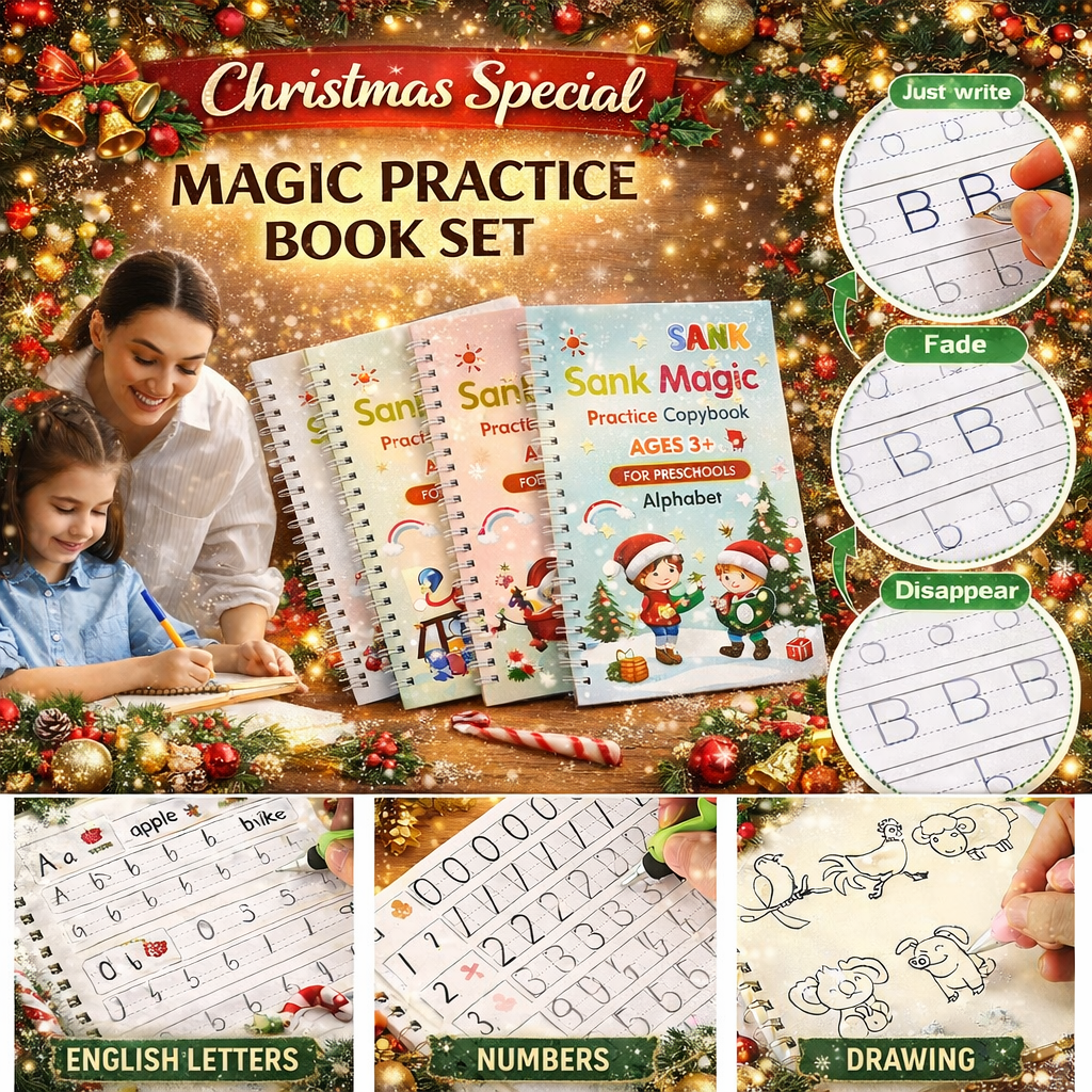 Magic Reusable Kids Copybook Set – 4 Books + Free Pen, Grip & 10 Refills