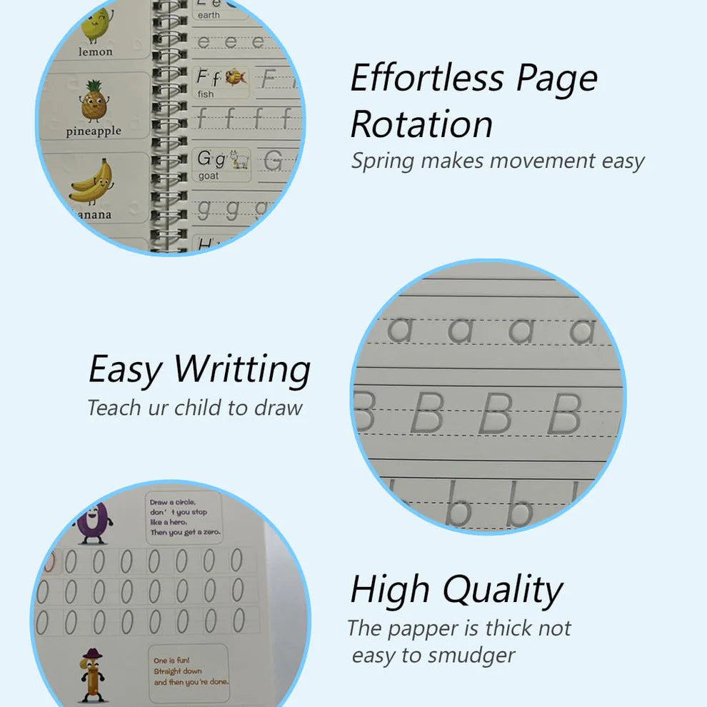 Magic Reusable Kids Copybook Set – 4 Books + Free Pen, Grip & 10 Refills