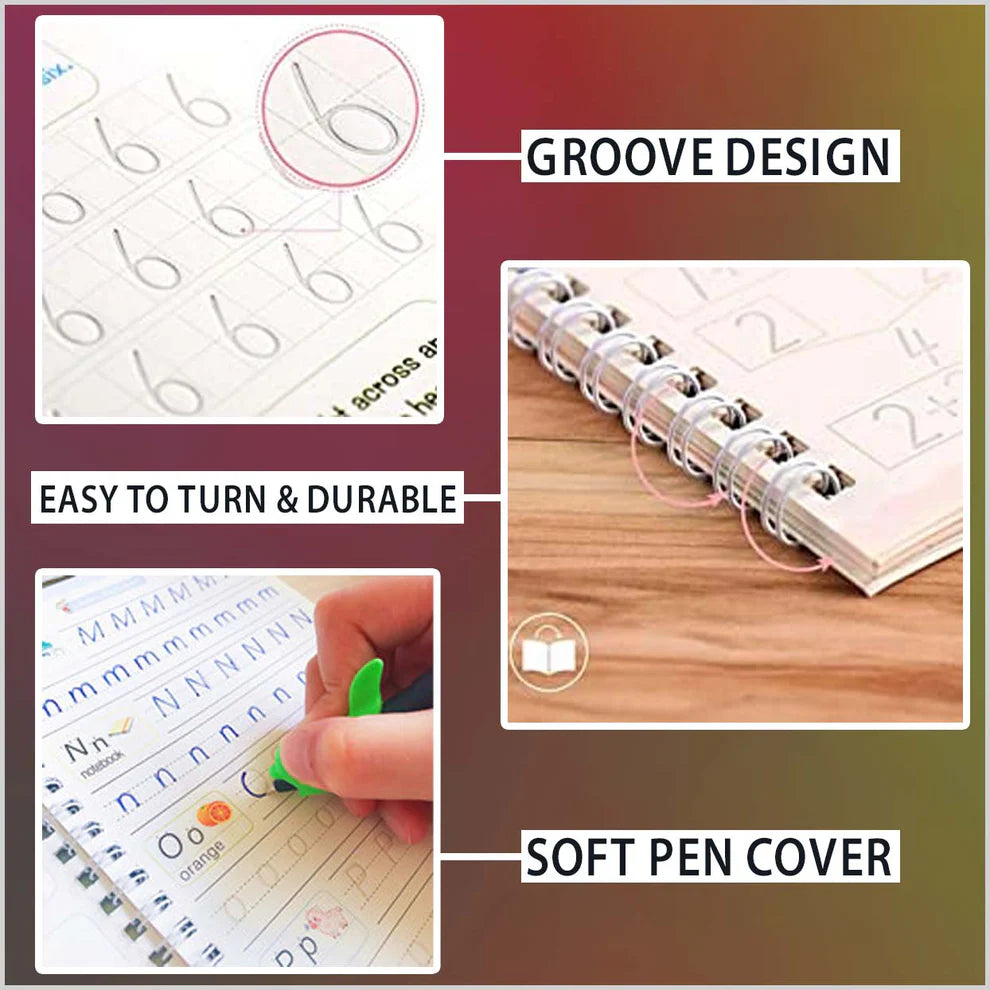 Magic Reusable Kids Copybook Set – 4 Books + Free Pen, Grip & 10 Refills