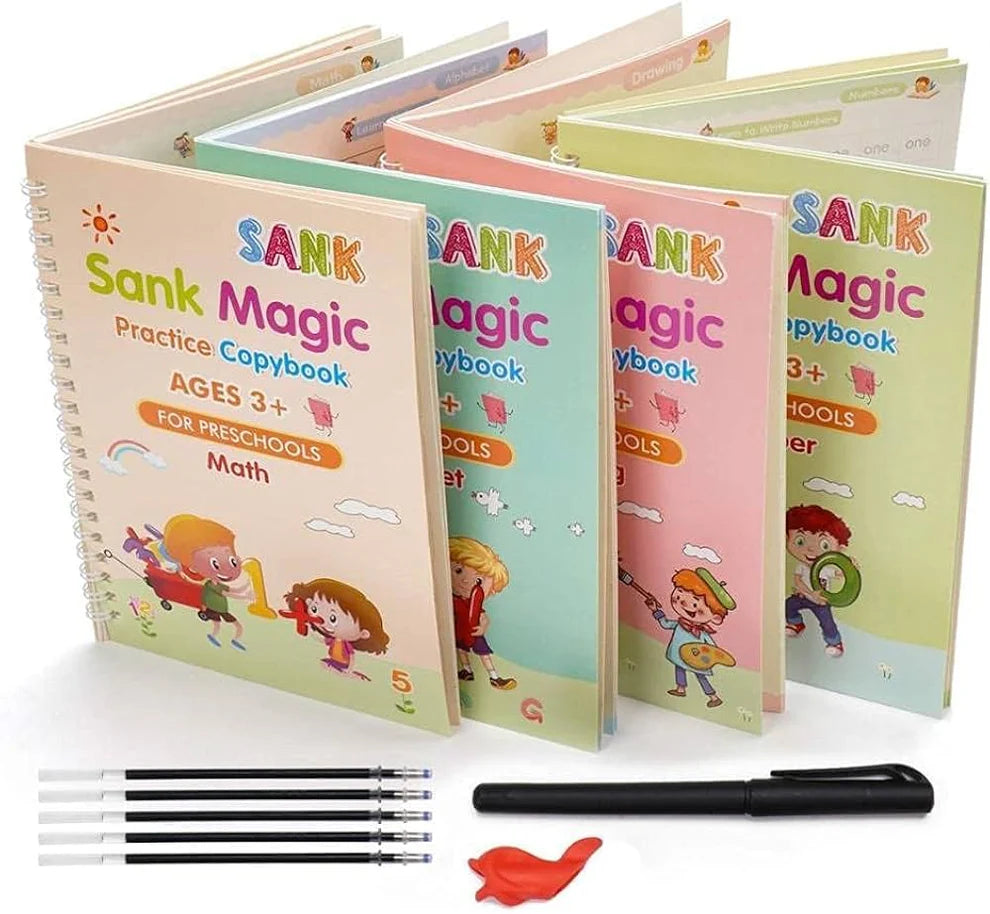 Magic Reusable Kids Copybook Set – 4 Books + Free Pen, Grip & 10 Refills