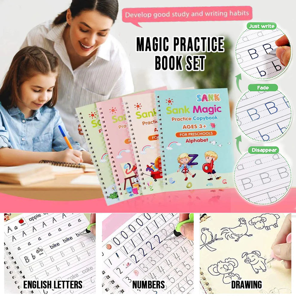 Magic Reusable Kids Copybook Set – 4 Books + Free Pen, Grip & 10 Refills